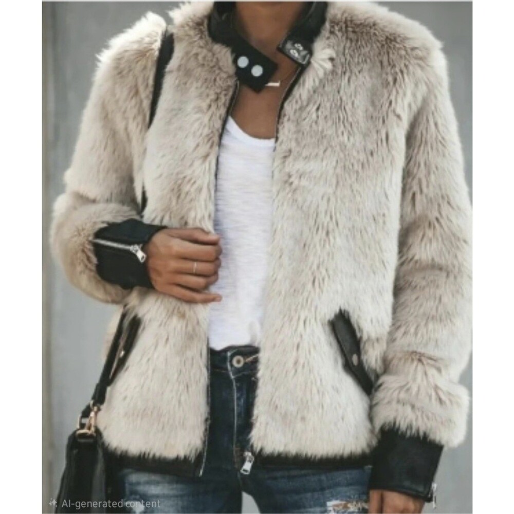 Beige Faux Fur Black Leather Trim Bomber Jacket collar, snap buttons zip Cuffs